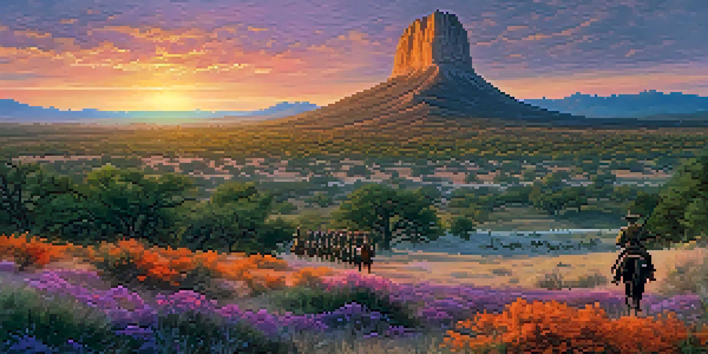 A sunset landscape of the San Jacinto Battleground featuring a tall monument and people in historical costumes reenacting scenes from the battle.