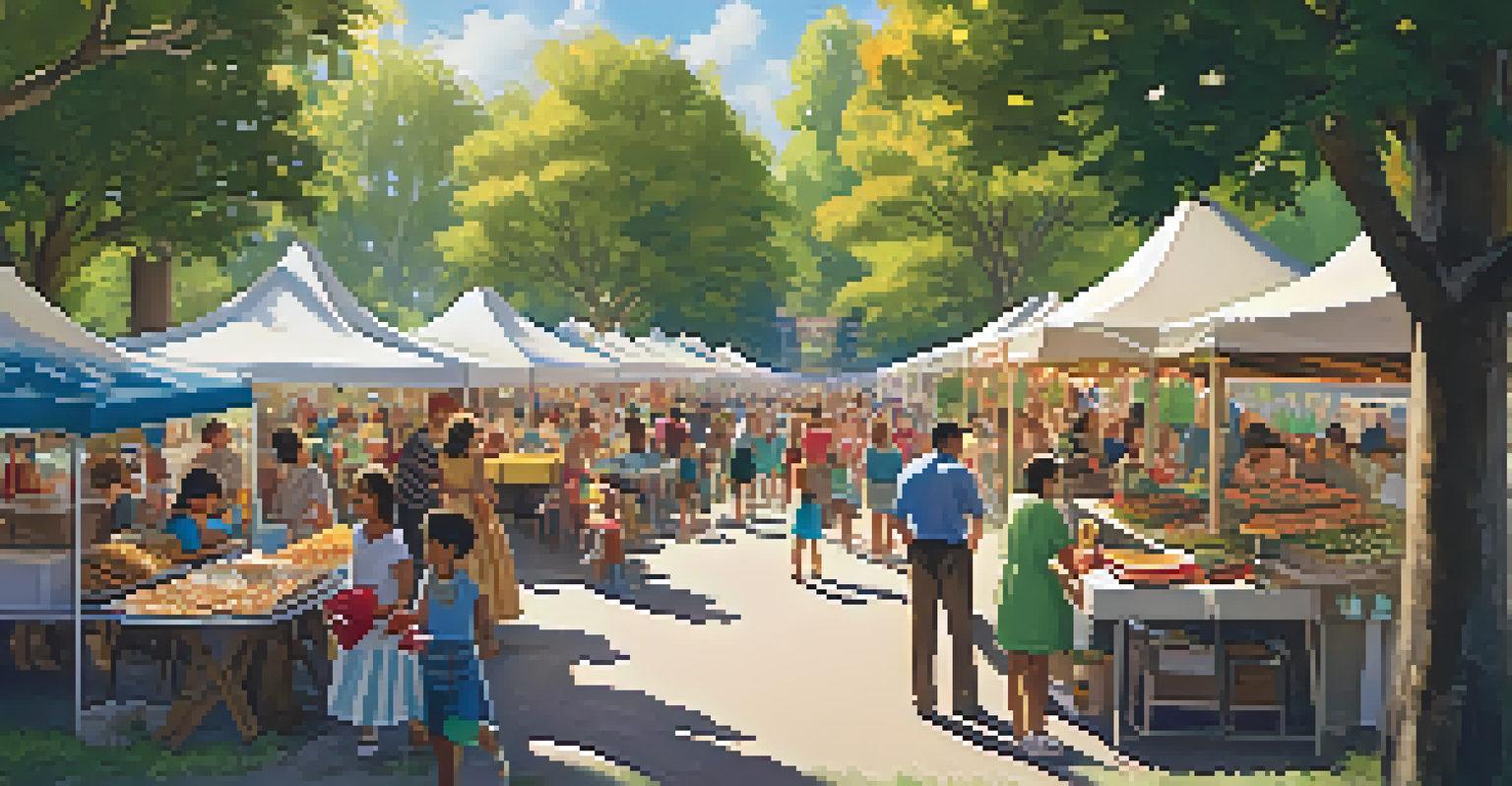 A festival layout with families enjoying crafts, food vendors, and children playing in a vibrant, sunny environment.