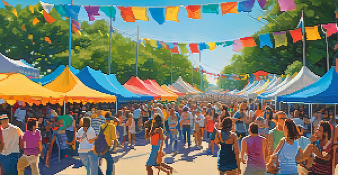 A lively outdoor festival in Austin with a diverse crowd enjoying music, colorful tents, and food stalls under a clear blue sky.