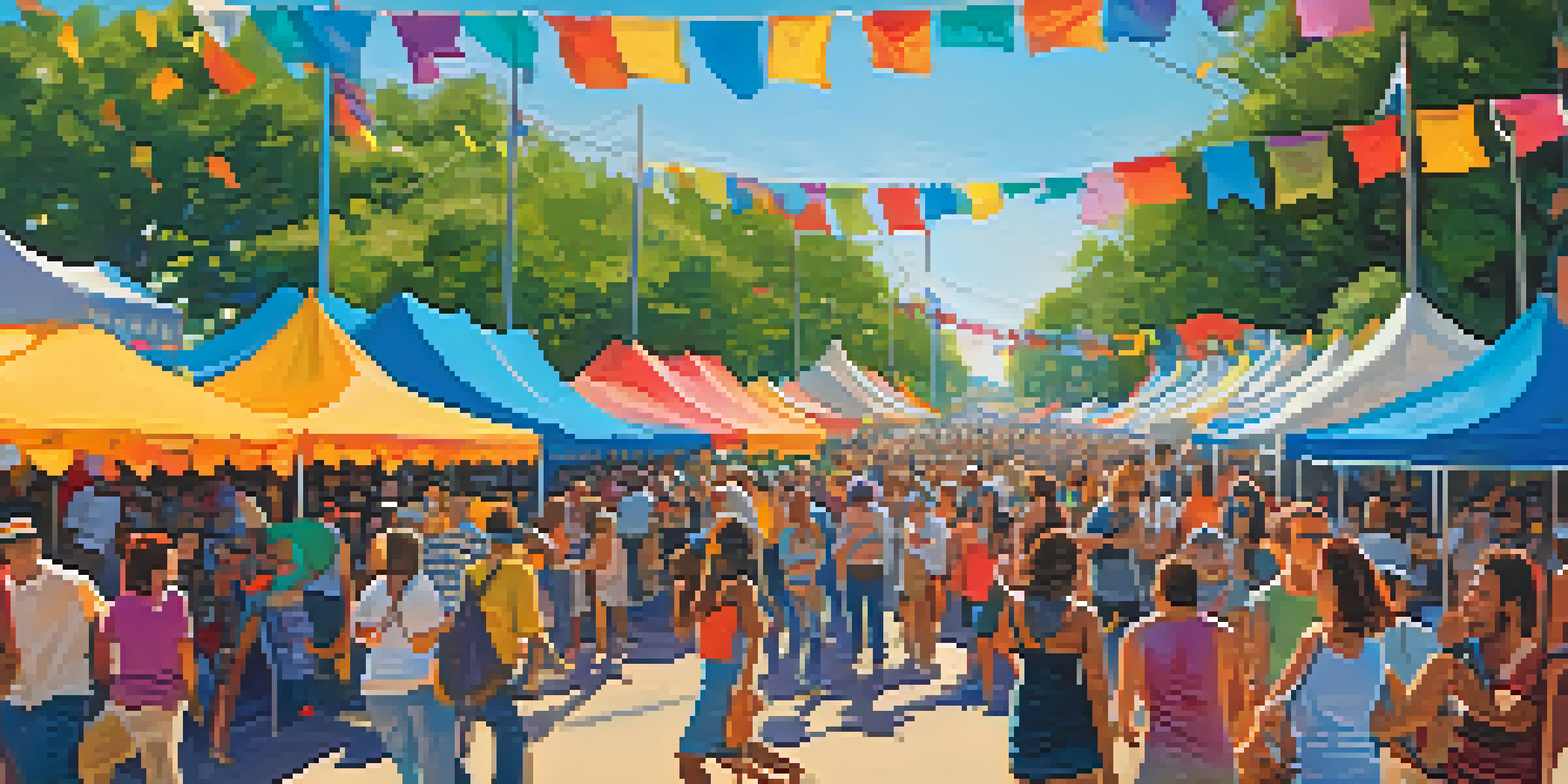A lively outdoor festival in Austin with a diverse crowd enjoying music, colorful tents, and food stalls under a clear blue sky.