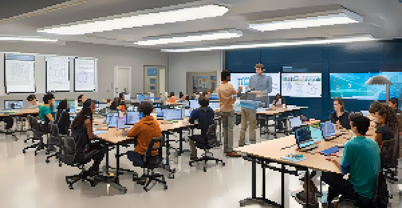 A classroom filled with students learning about artificial intelligence, equipped with technology and collaborative discussions.