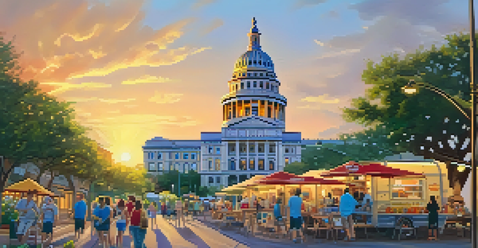 A colorful street scene in Austin featuring the Texas State Capitol and blooming flowers, with food trucks and people enjoying the sunset.