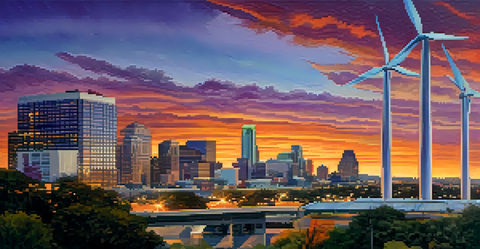 Austin skyline at sunset with solar panels and wind turbines visible.