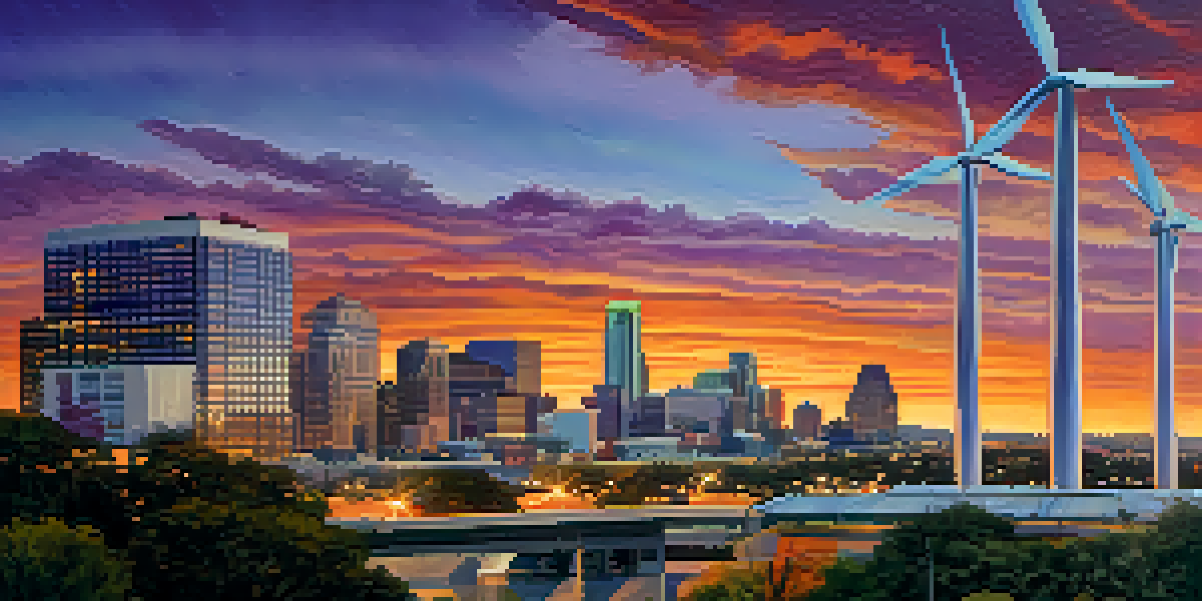 Austin skyline at sunset with solar panels and wind turbines visible.