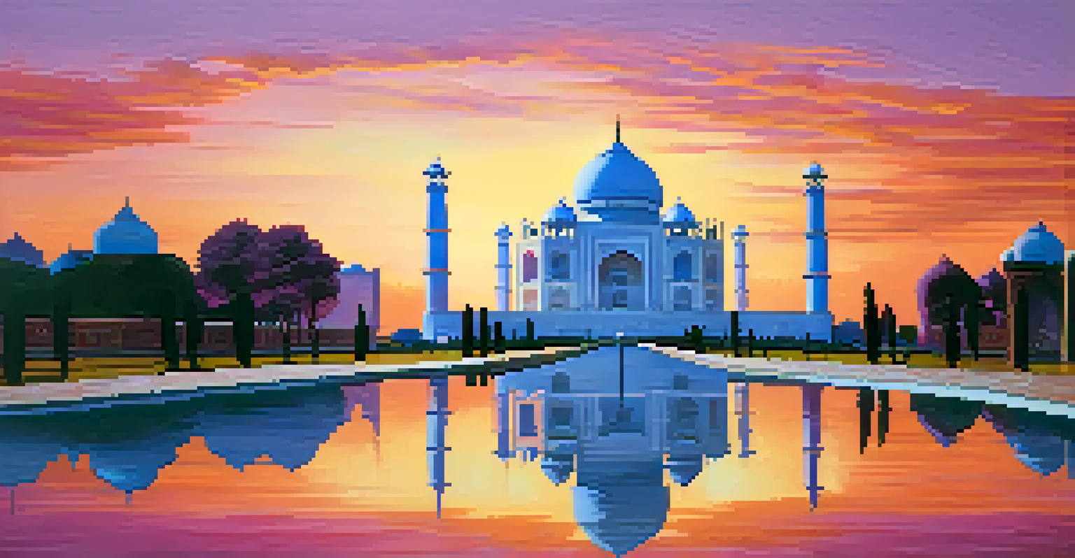 The Taj Mahal at sunset, reflecting in a pool with colorful skies and silhouetted trees.