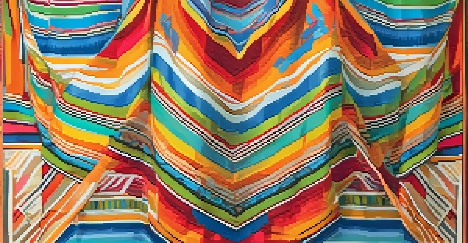 A close-up of a colorful textile showcasing unique patterns inspired by Austin's culture, draped elegantly.