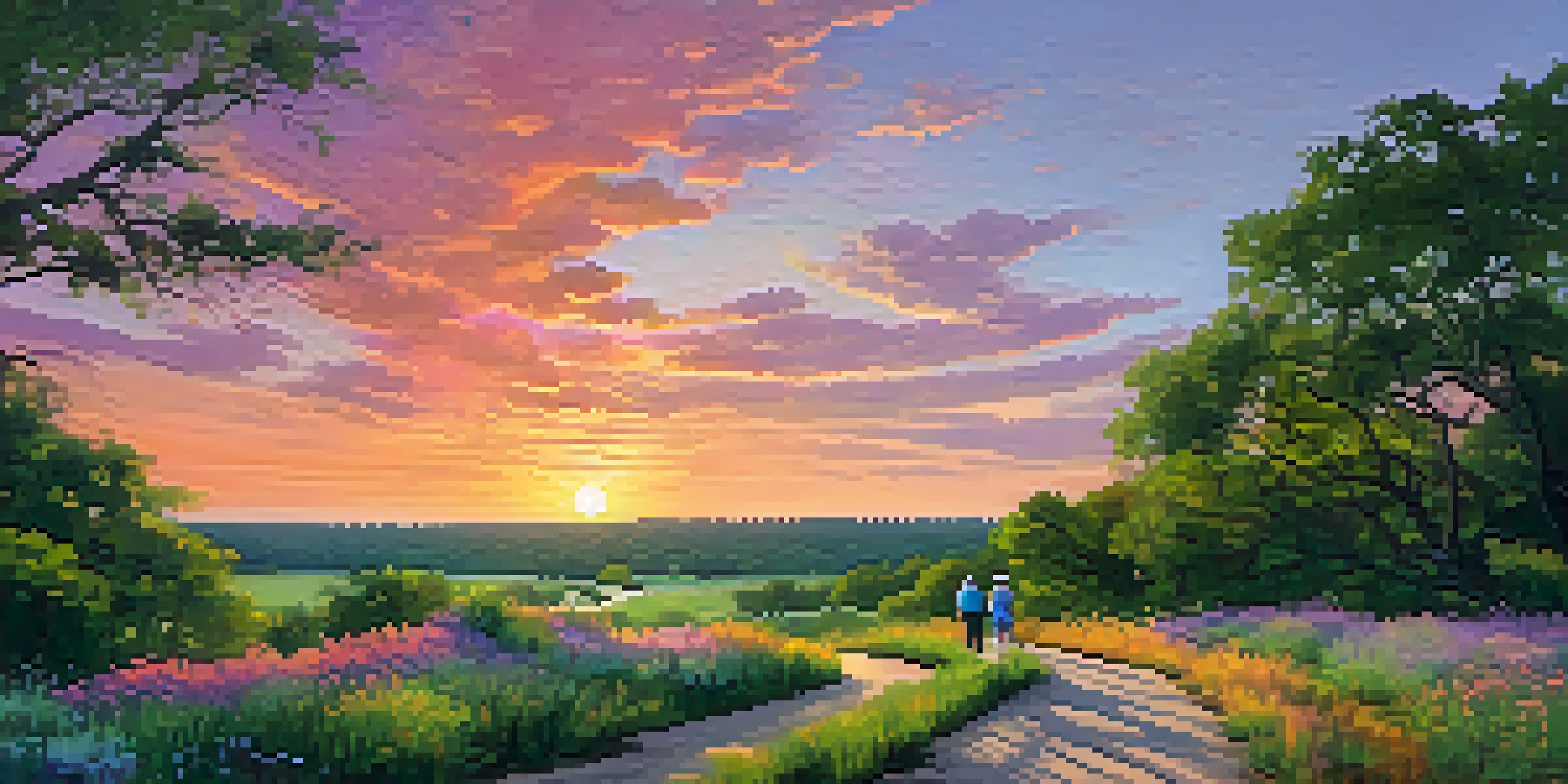 A scenic sunset view of Austin's greenbelt with a winding trail, lush greenery, and a family walking.