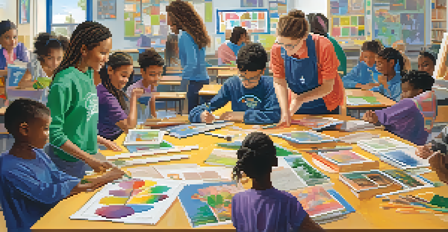 Students in a classroom engaged in a service-learning project, surrounded by art and educational materials promoting volunteerism.