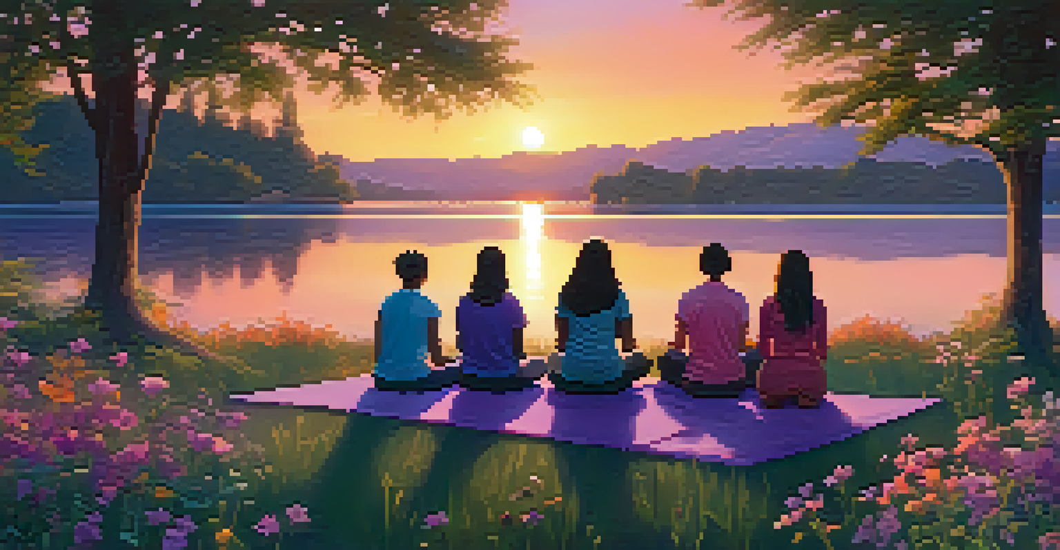 People meditating by a serene lake at sunset, surrounded by wildflowers and vibrant sky colors.
