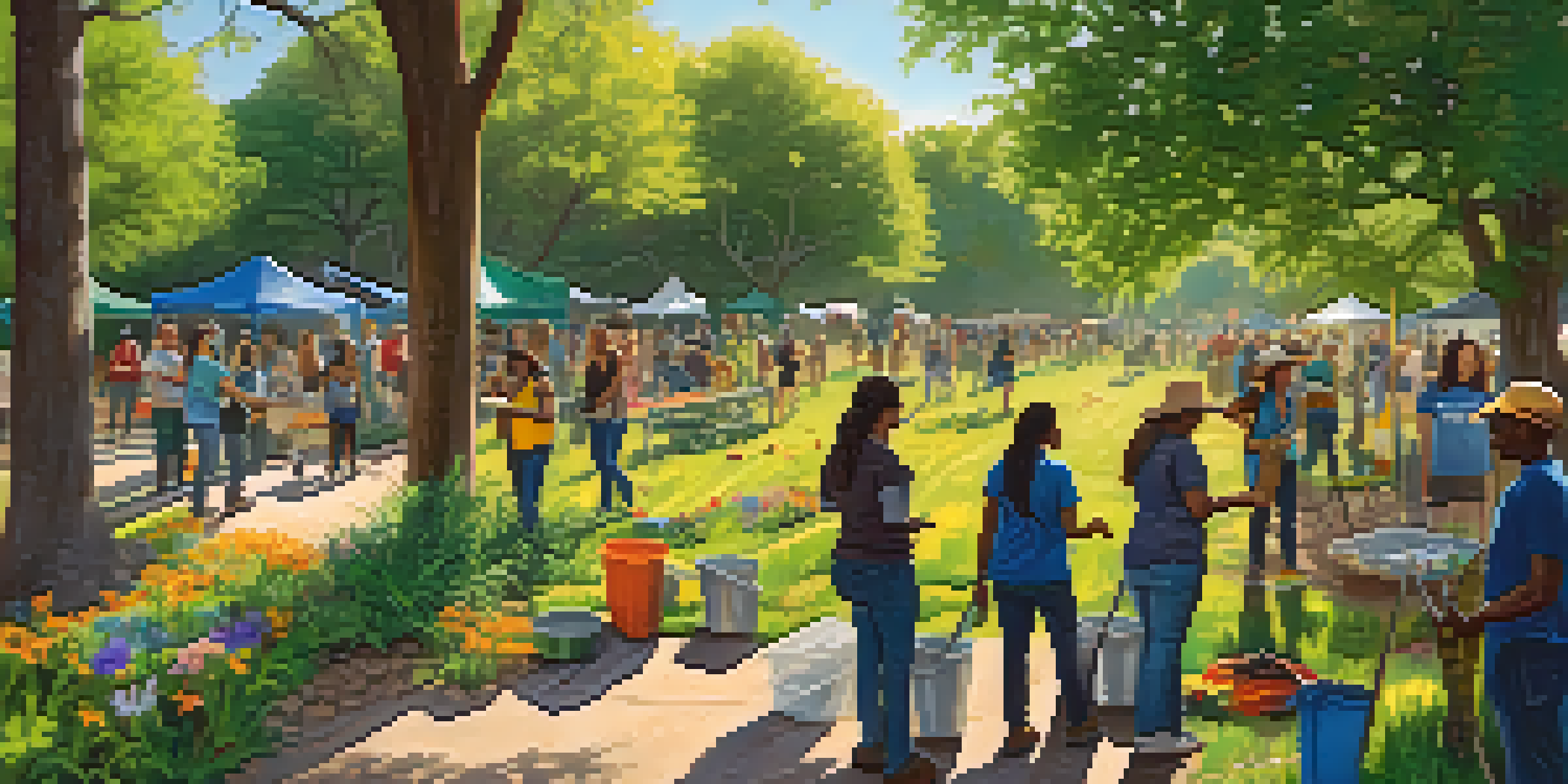 A diverse group of volunteers participating in an environmental cleanup event in a sunny park, surrounded by trees and flowers.