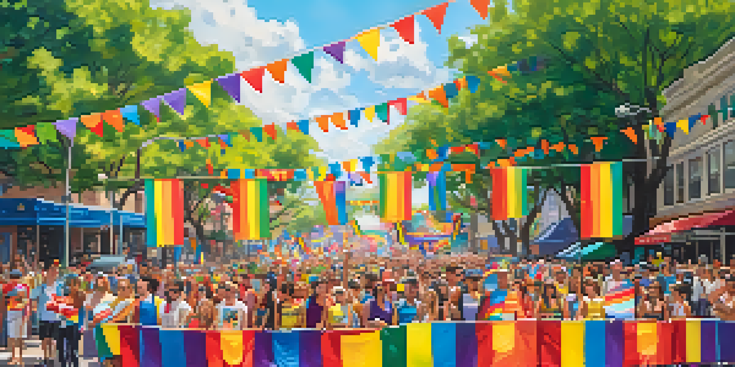 A lively pride parade in Austin with a diverse crowd celebrating LGBTQ+ rights, colorful banners, and bright costumes under a sunny sky.