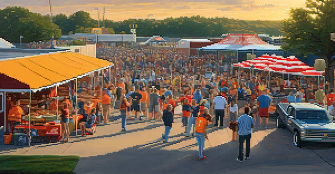 A lively tailgating scene with fans in team colors, grilling, and enjoying food in a parking lot during sunset.