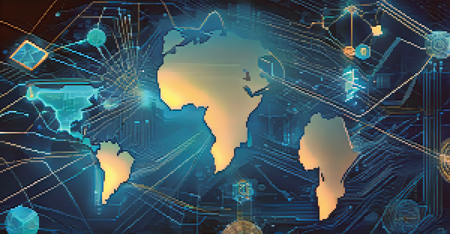 An abstract digital representation of fintech innovation with interconnected nodes and financial service icons.