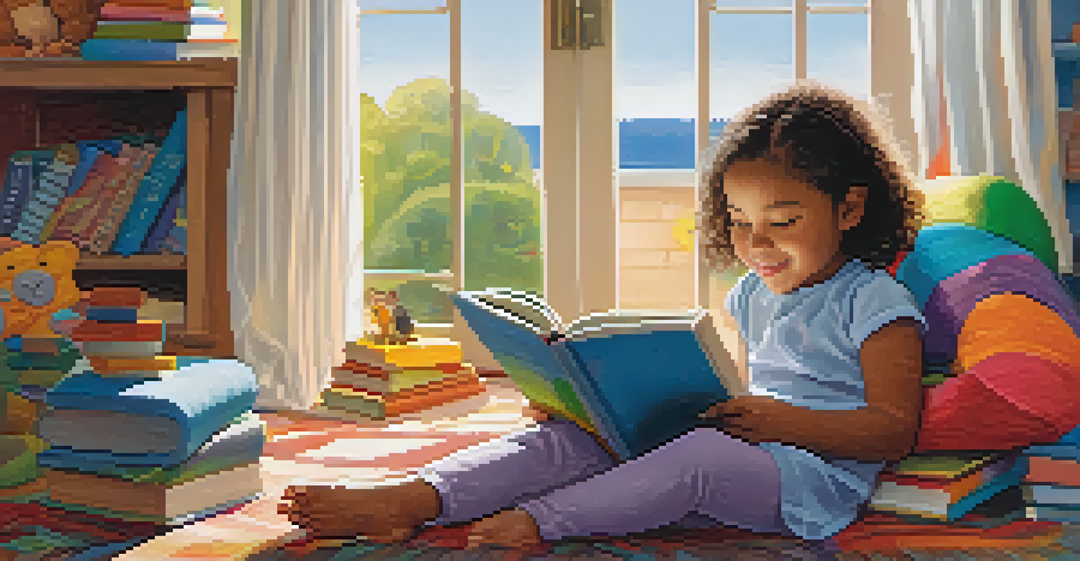 A child sitting in a cozy reading nook at home, surrounded by books and a plush toy, looking joyful while reading a picture book.