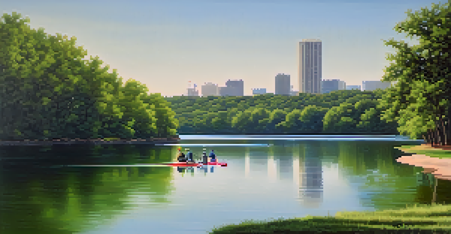 A peaceful scene at Lady Bird Lake with reflections of greenery on the water, featuring joggers and a paddleboarder.