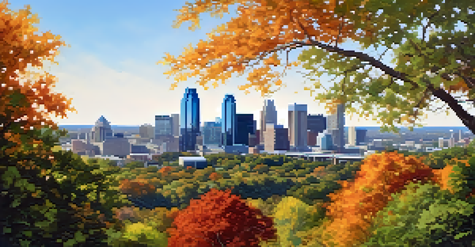 A panoramic view of the Austin skyline surrounded by autumn foliage and greenery.