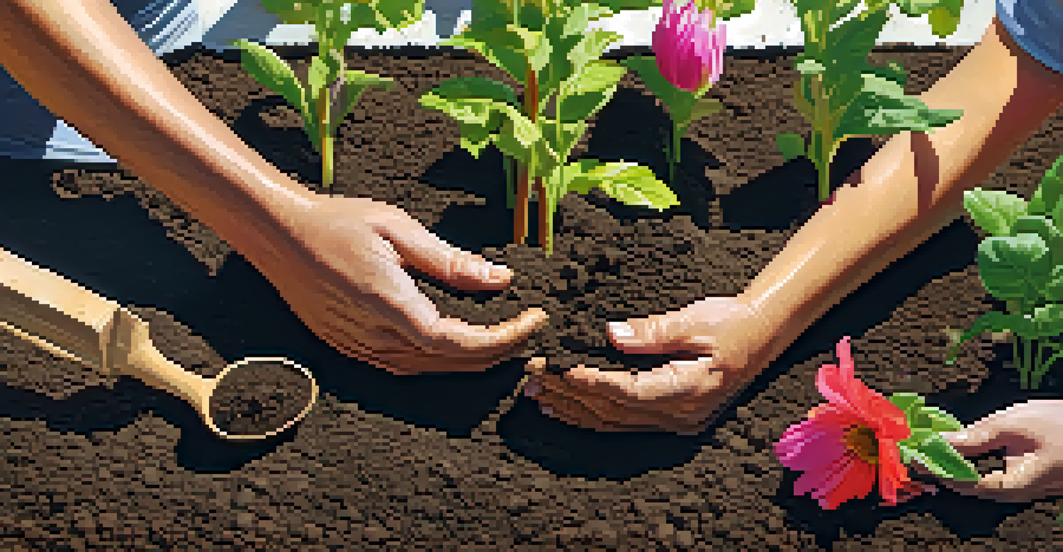 Close-up of hands planting seeds in dark soil in a community garden, with colorful pots and tools visible nearby.