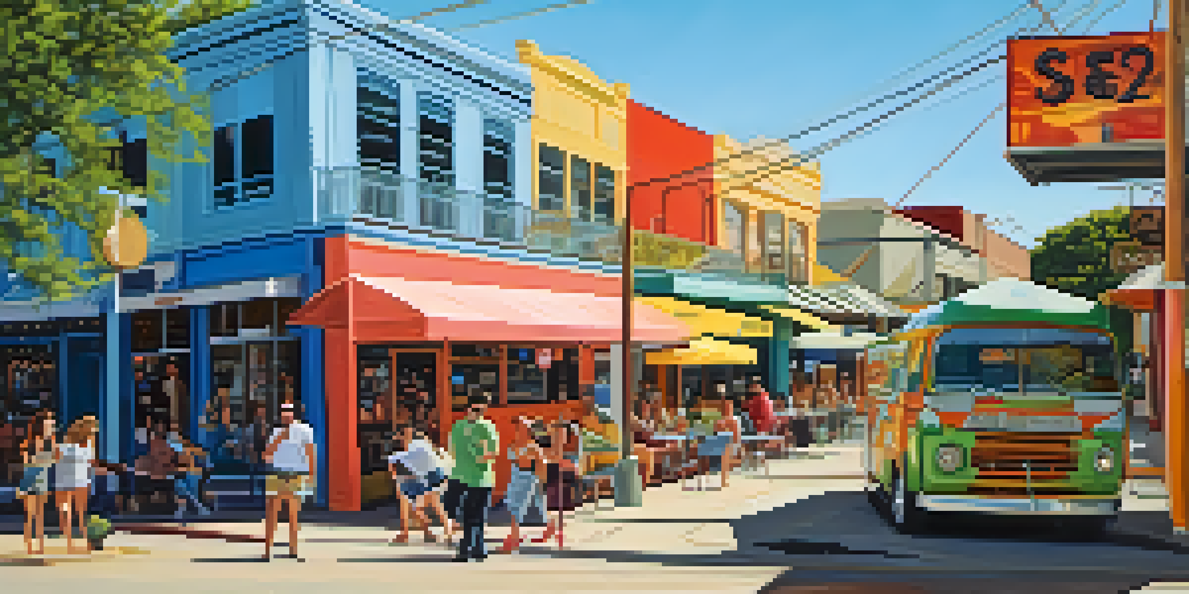 A lively street scene in South Congress, Austin, with colorful murals, food trucks, and pedestrians enjoying the area under bright sunlight.