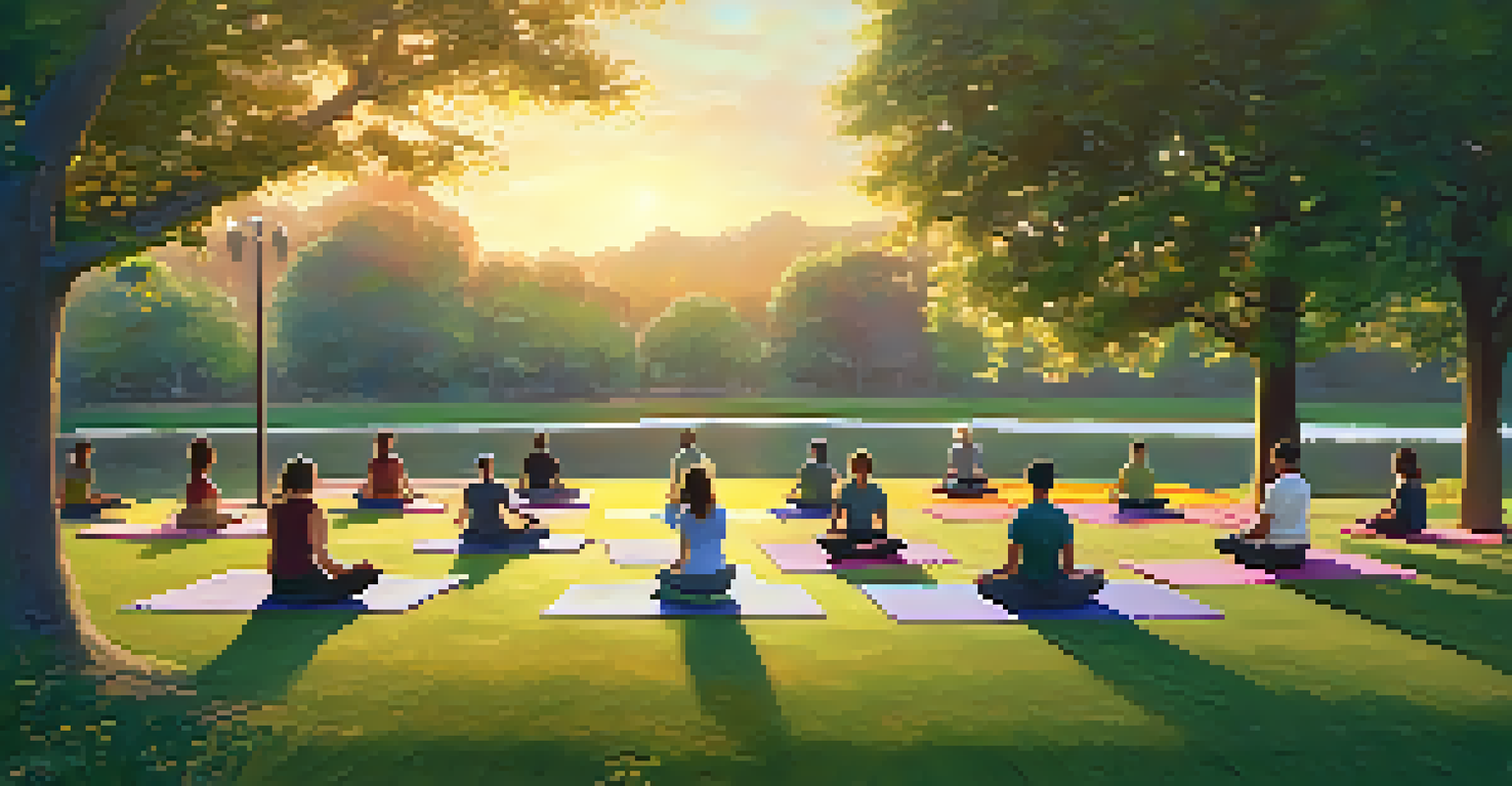 Participants of various ages practicing yoga outdoors in a park during sunset, surrounded by lush greenery and a peaceful lake.