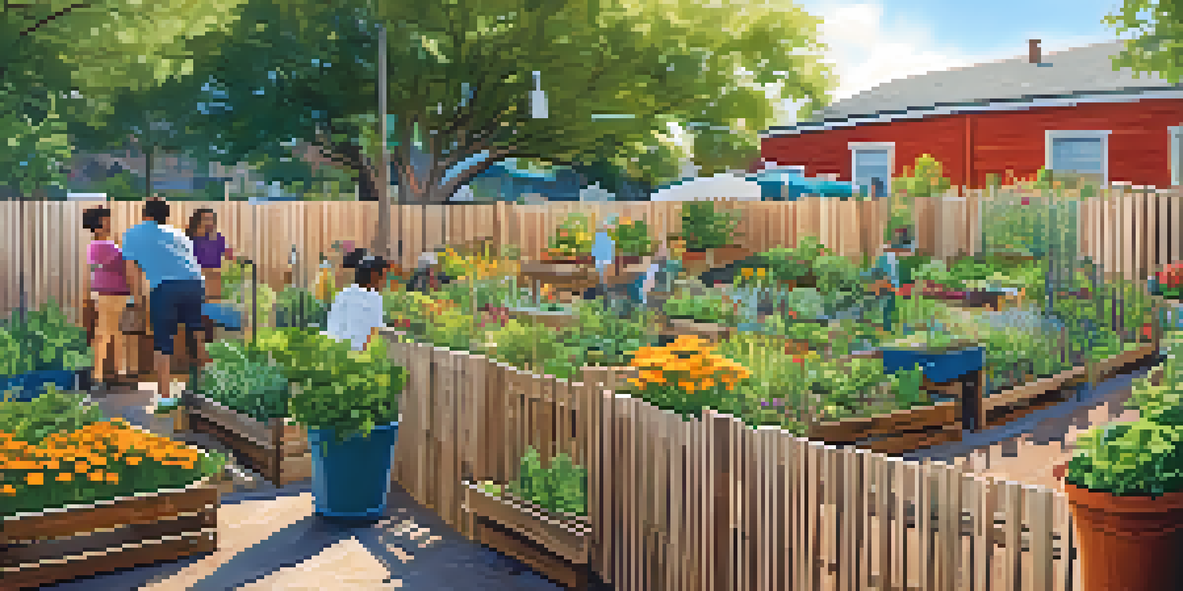 A lively community garden with diverse plants and residents working together under warm sunlight.