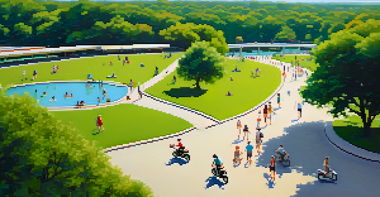 An aerial view of Zilker Park in Austin with riders on electric scooters among green trees and people enjoying outdoor activities.