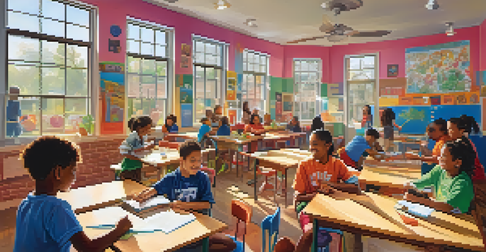 A lively after-school program in Austin with children engaged in arts, sports, and studying, in a bright and welcoming environment.