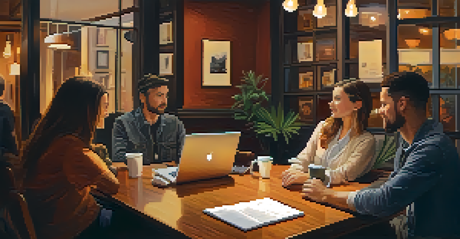 A small group of filmmakers networking in a cozy coffee shop, engaged in conversation with laptops and notebooks on a wooden table.