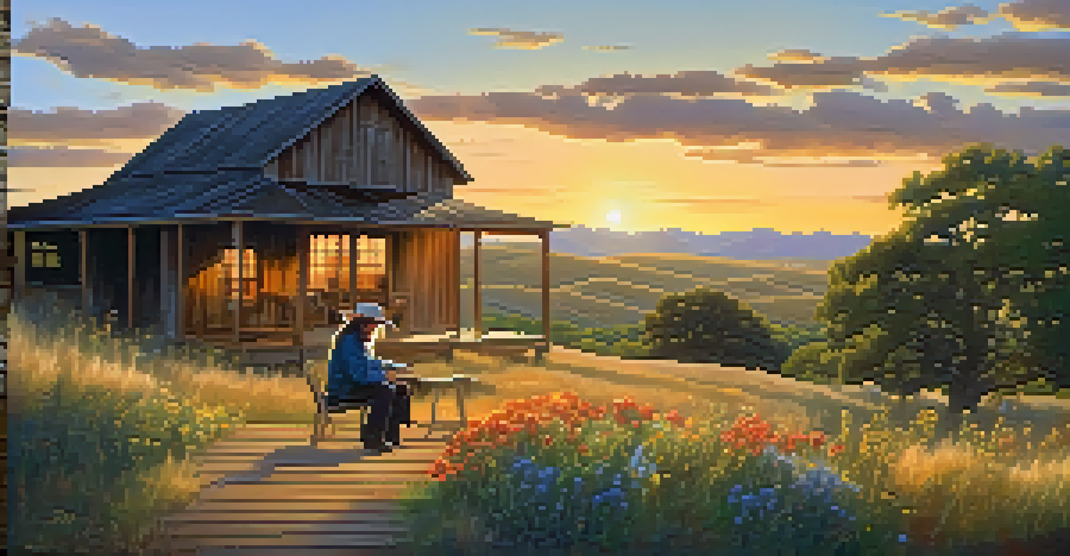 A young Willie Nelson writing songs on a wooden porch in Texas, with rolling hills and wildflowers, bathed in golden hour sunlight.