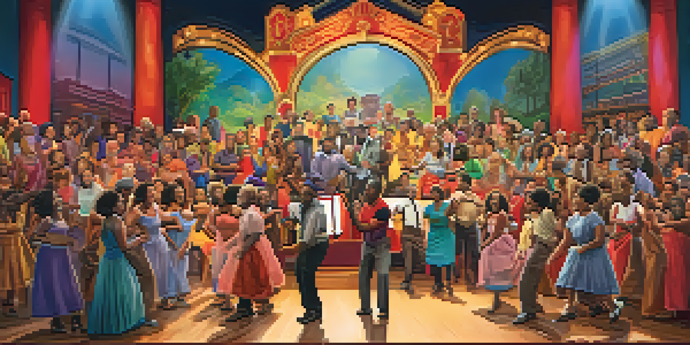 A lively community theater performance with diverse actors on stage, colorful backdrops, and an engaged audience.