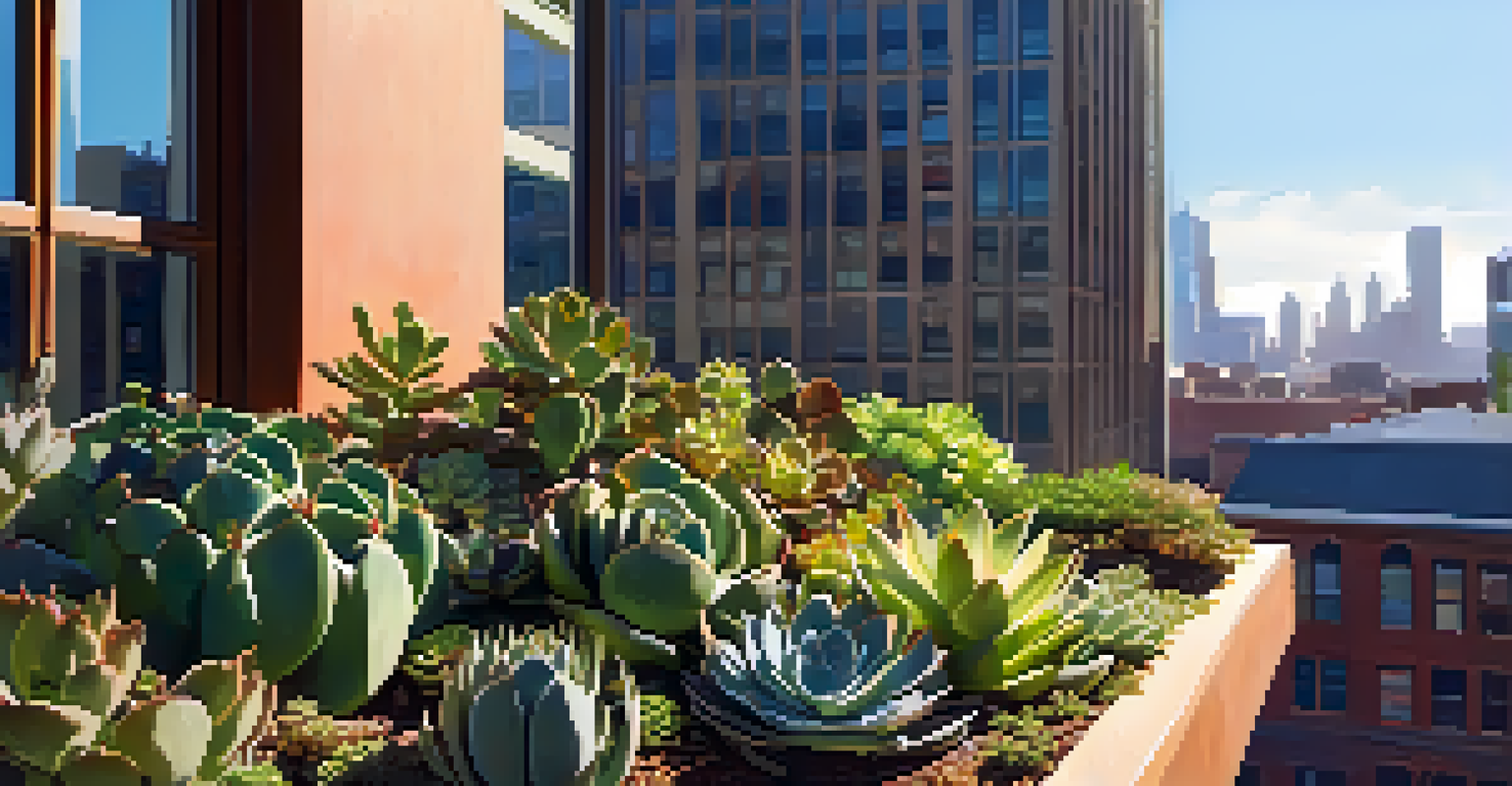 Close-up of a green roof garden featuring succulent plants with sunlight creating beautiful shadows.