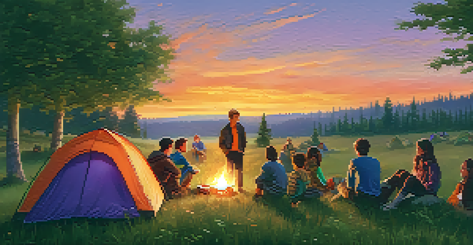 Students camping in a meadow at sunset, enjoying a campfire and creating lasting memories together.