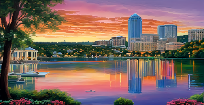 A scenic sunset view of luxury homes by Lake Austin with downtown Austin in the background.