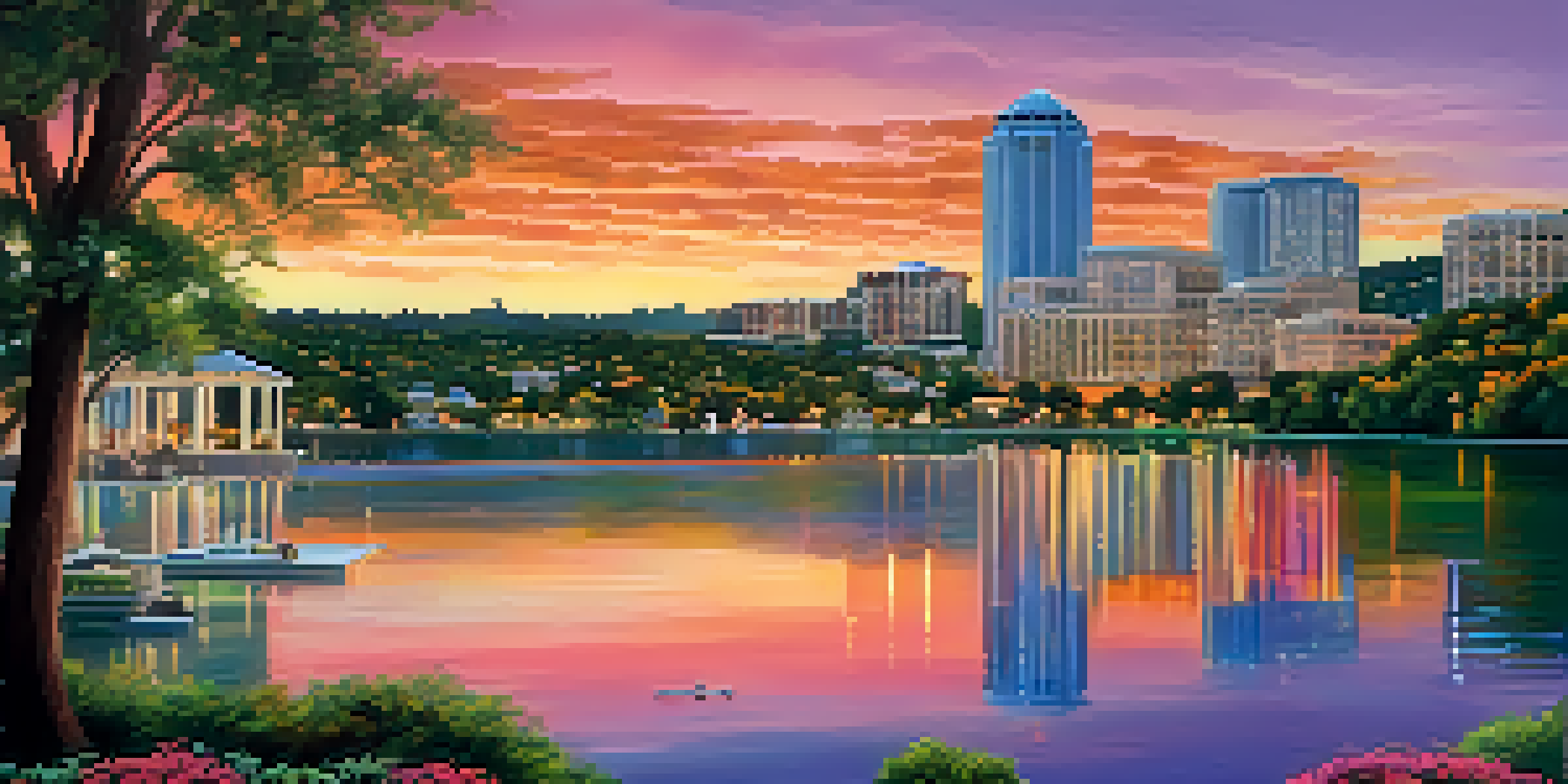 A scenic sunset view of luxury homes by Lake Austin with downtown Austin in the background.