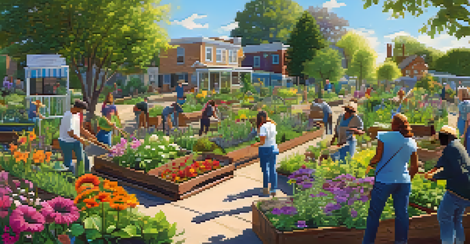 A diverse group of people working together in a colorful community garden, planting and tending to flowers and vegetables under bright sunlight.