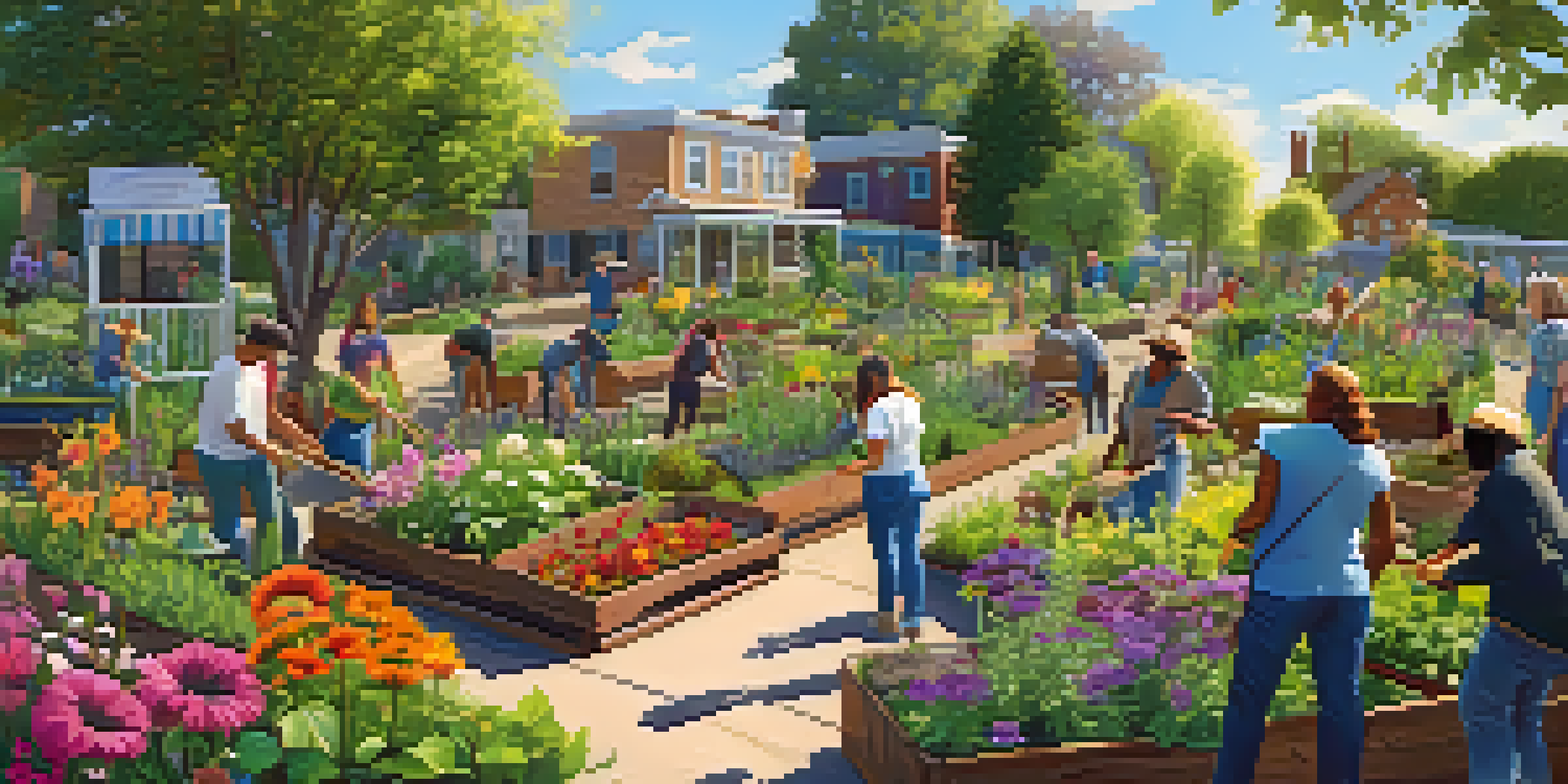 A diverse group of people working together in a colorful community garden, planting and tending to flowers and vegetables under bright sunlight.
