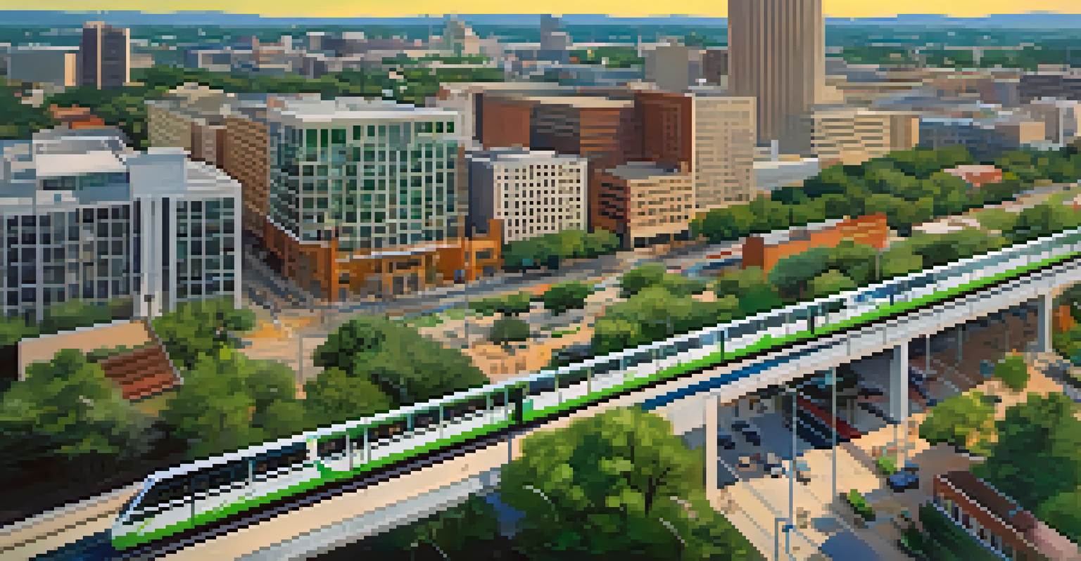 Aerial view of Austin's light rail system, showing integration with buses and bike lanes amidst a colorful cityscape.