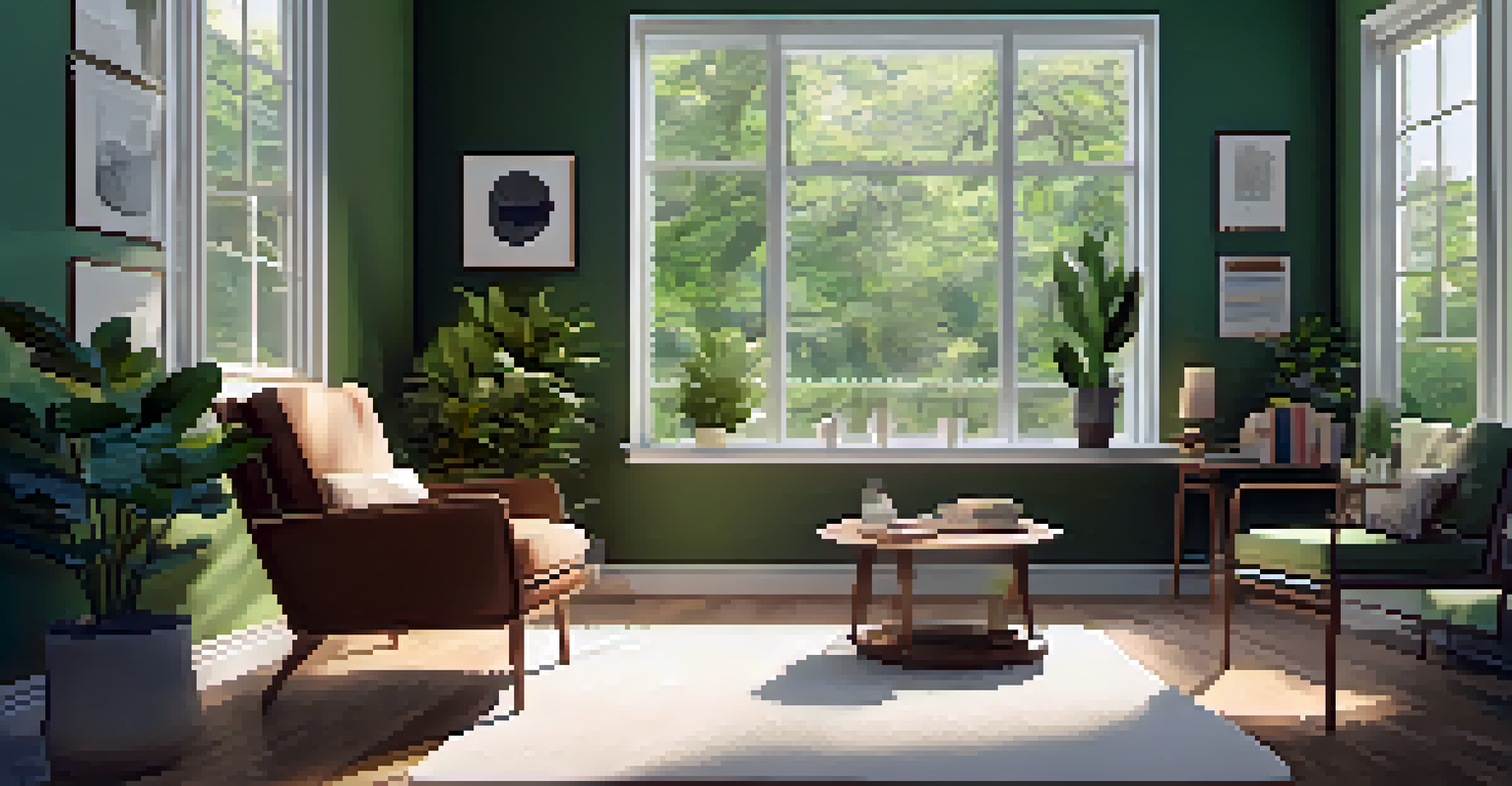 A peaceful therapy room with a cozy armchair, soft lighting, and green walls, featuring a window with a view of trees and a coffee table with books and a plant.