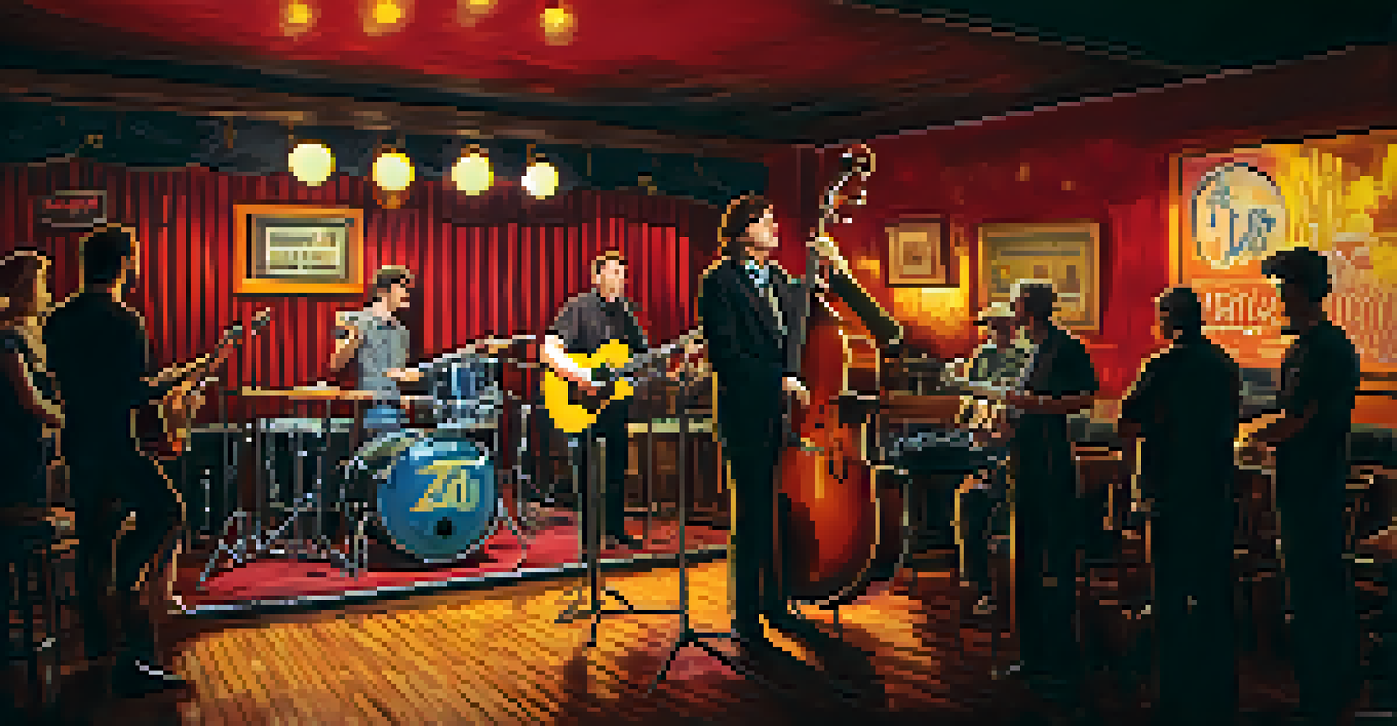 A local band performing at The Continental Club in a dimly lit, cozy venue filled with engaged audience members.