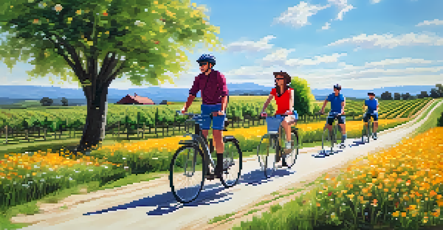 A group of people biking through a beautiful countryside vineyard on a sunny day, promoting eco-friendly travel.