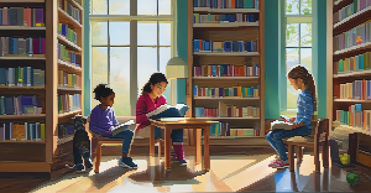 A family enjoying reading together at a table in the Austin Public Library, surrounded by books.