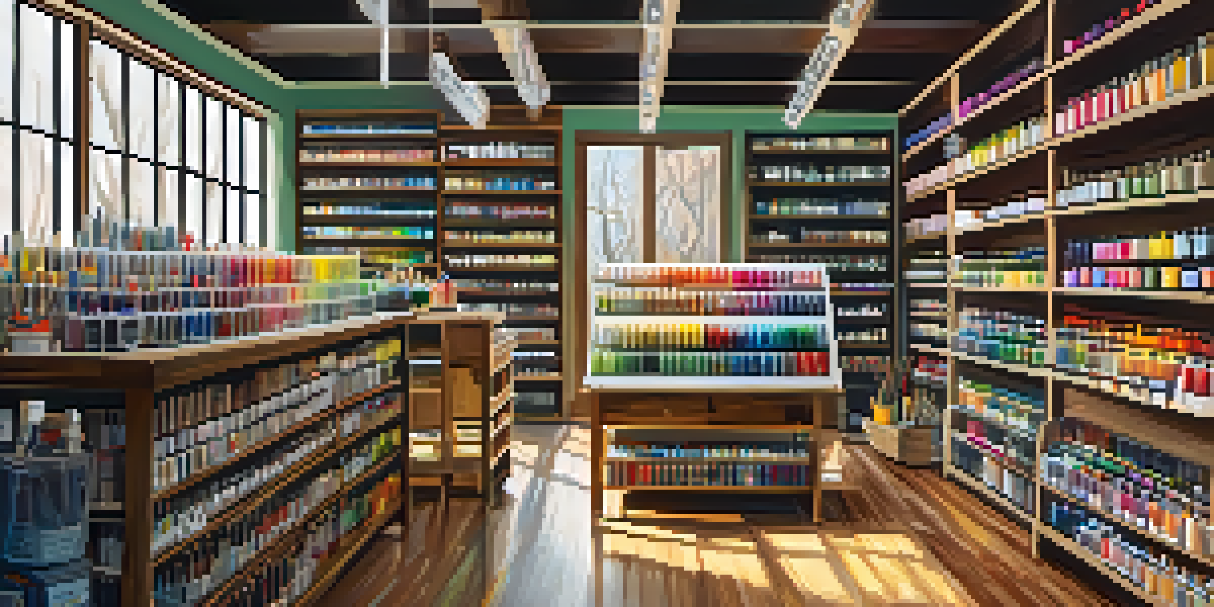 An interior view of a colorful art supply store with shelves filled with paint tubes and brushes, illuminated by natural light.