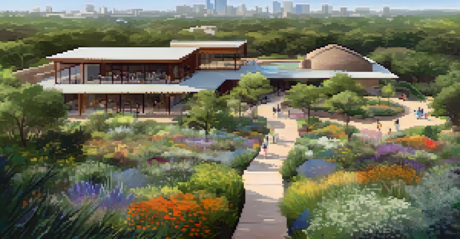 Aerial view of Lady Bird Johnson Wildflower Center in Austin, highlighting the lush native plants and urban skyline.