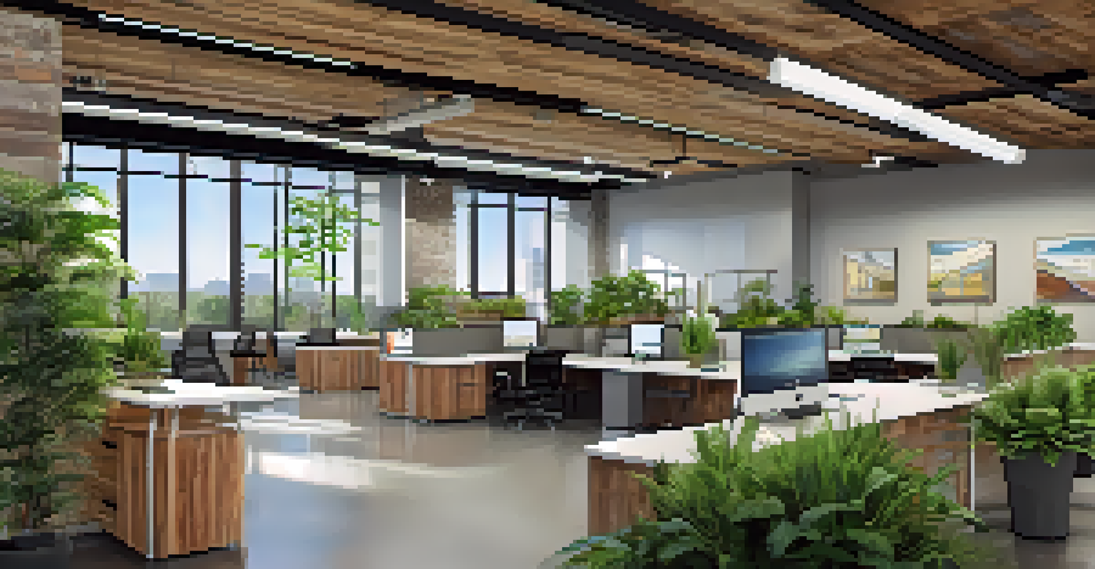 A bright and airy office interior in Austin, featuring reclaimed wood furniture, large windows, and plants, emphasizing energy efficiency and modern design.