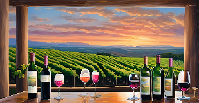 A couple toasting with glasses of wine in a Texas vineyard at sunset, with rows of grapevines and colorful sky.
