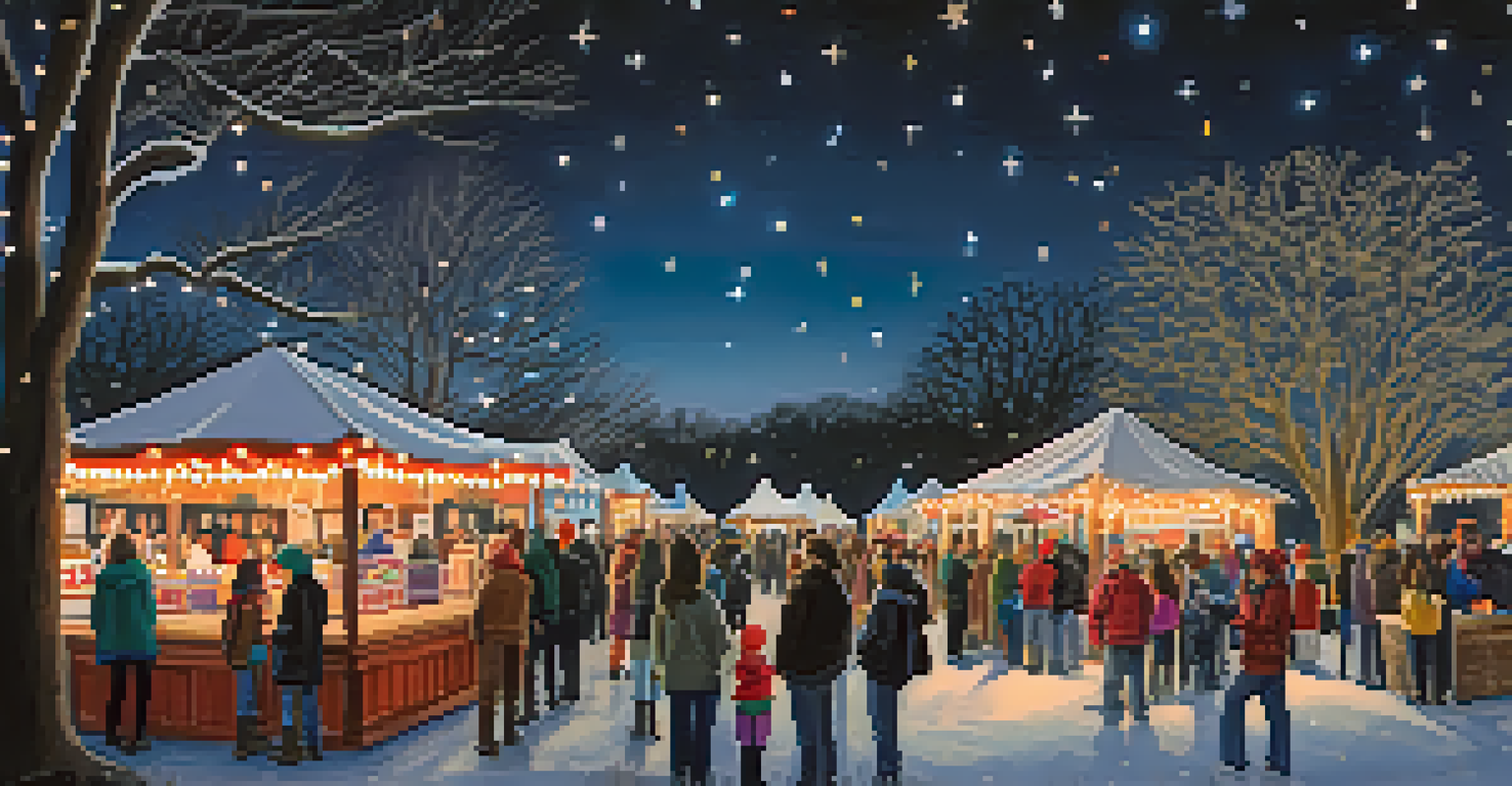 A winter festival with twinkling lights, families enjoying hot cocoa, and artisans showcasing crafts in a park.