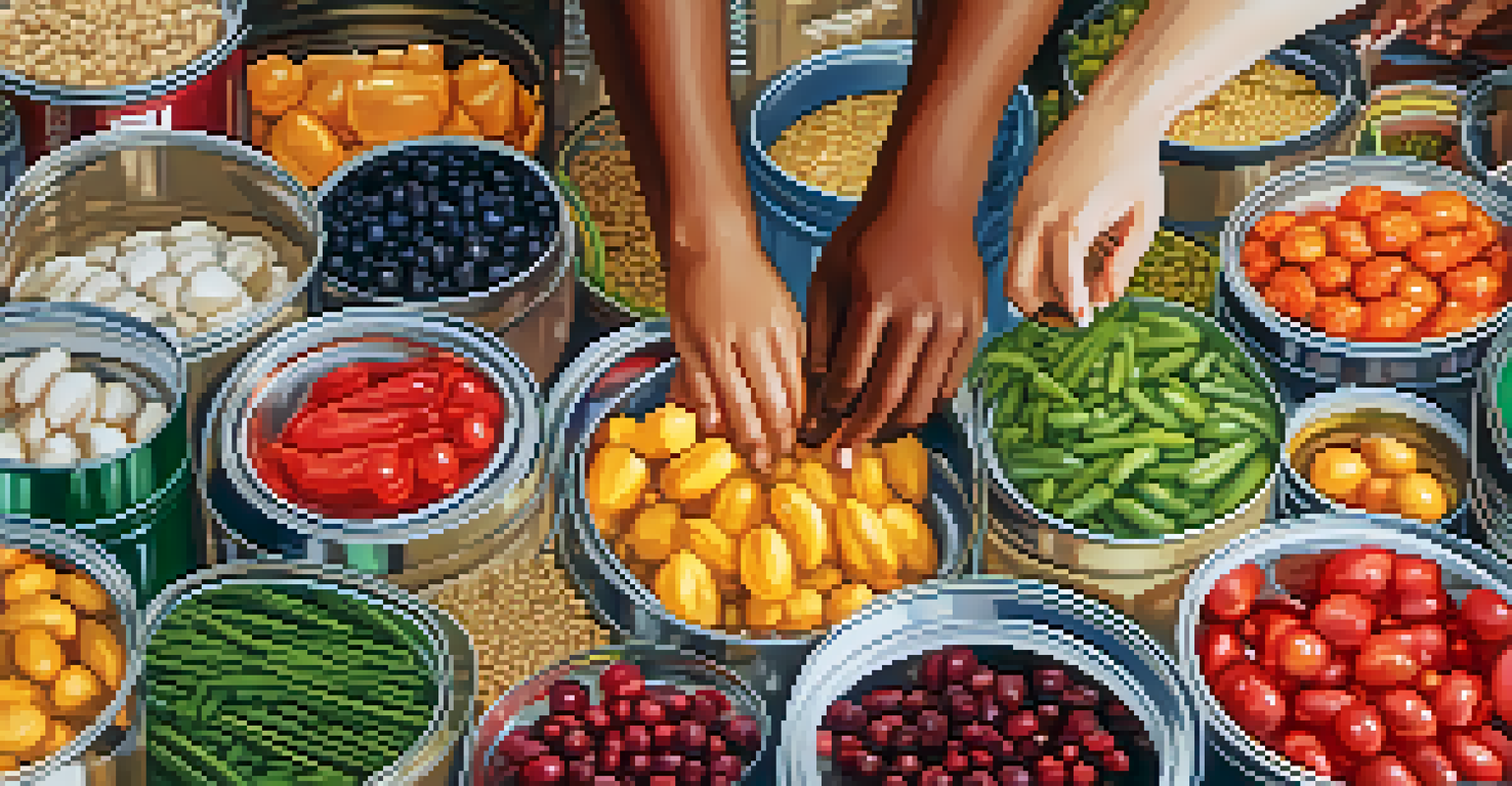 Diverse hands sorting food items at a food bank, with colorful cans and fresh produce on a table.