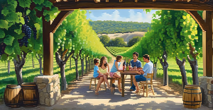 A family enjoying a day at a winery, with parents relaxing and kids playing among grapevines under the sun.