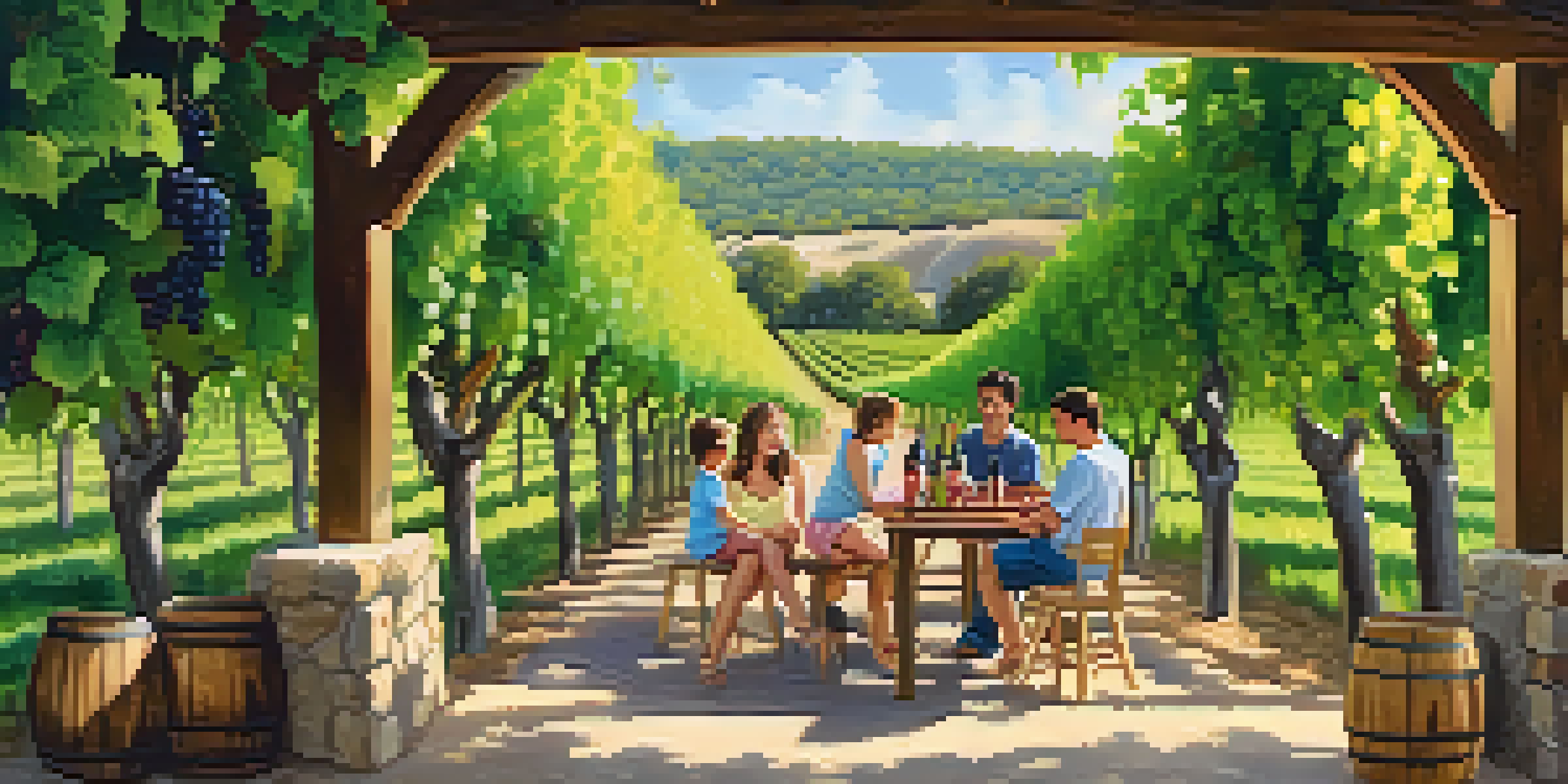 A family enjoying a day at a winery, with parents relaxing and kids playing among grapevines under the sun.