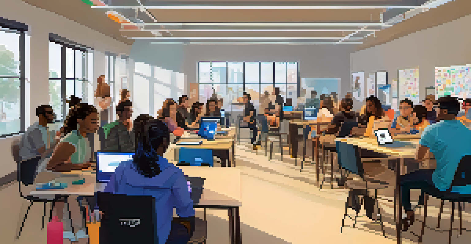 A workshop at a tech meetup with diverse attendees collaborating on coding activities in a bright and inclusive environment.