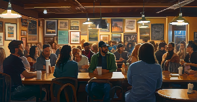 A lively coffee shop during a poetry open mic night, with poets performing and an engaged audience enjoying the atmosphere.